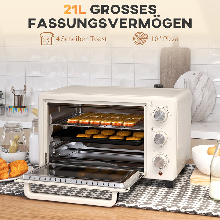 Miniovn, lille 21 l brødristerovn med 1 rist og 1 bageplade, 3 tilberedningstilstande, 100°c-230°c, rustfrit stål, glas, cremehvid