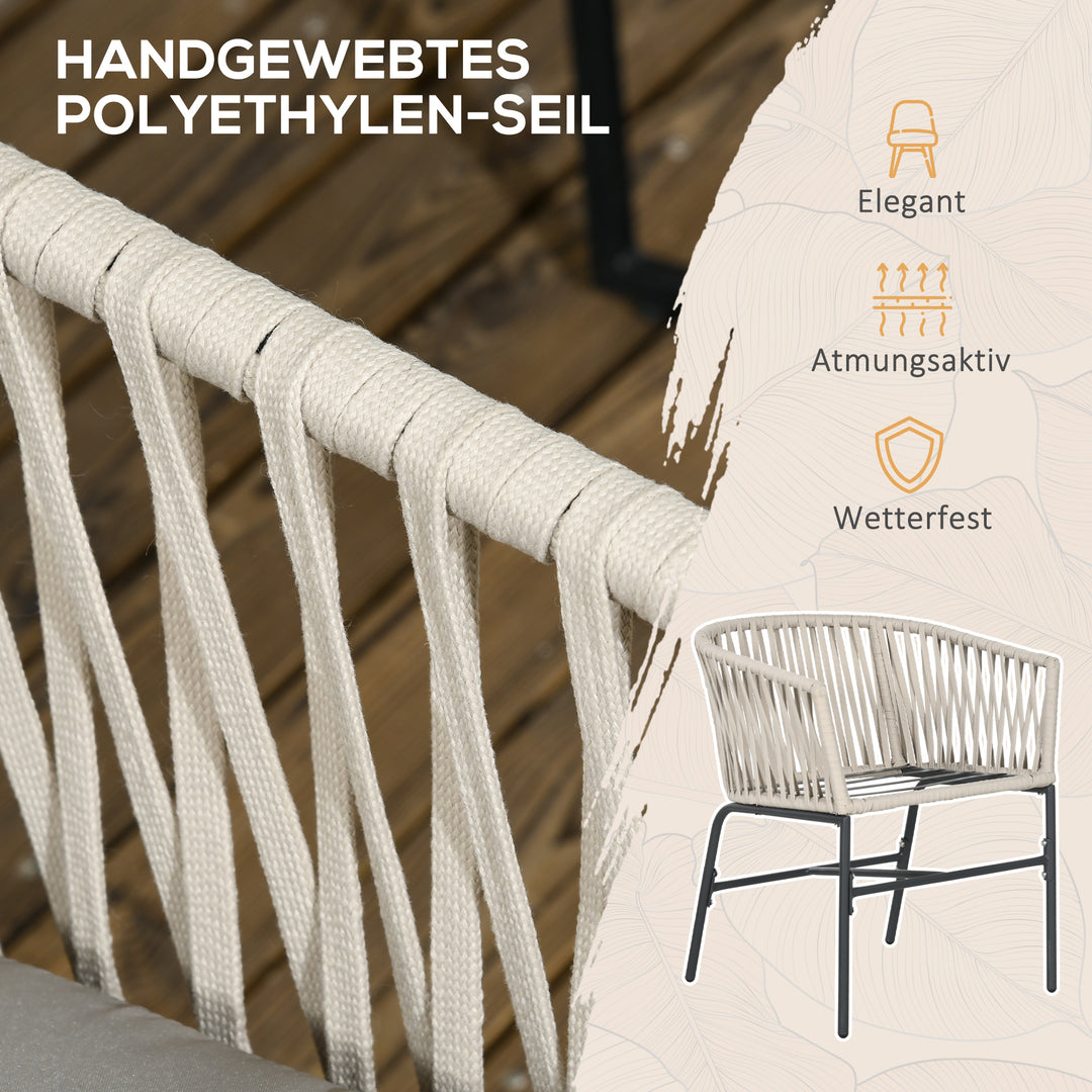 Terrassestolsæt med 2, bohemestil, komfortabel sædeskal, sædehynder, vaskbart betræk, metalstel, beige