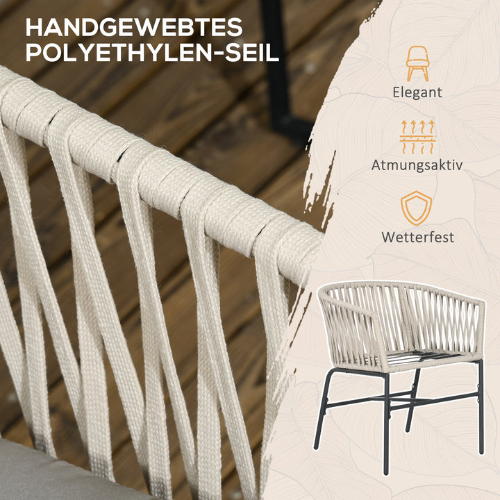 Terrassestolsæt med 2, bohemestil, komfortabel sædeskal, sædehynder, vaskbart betræk, metalstel, beige