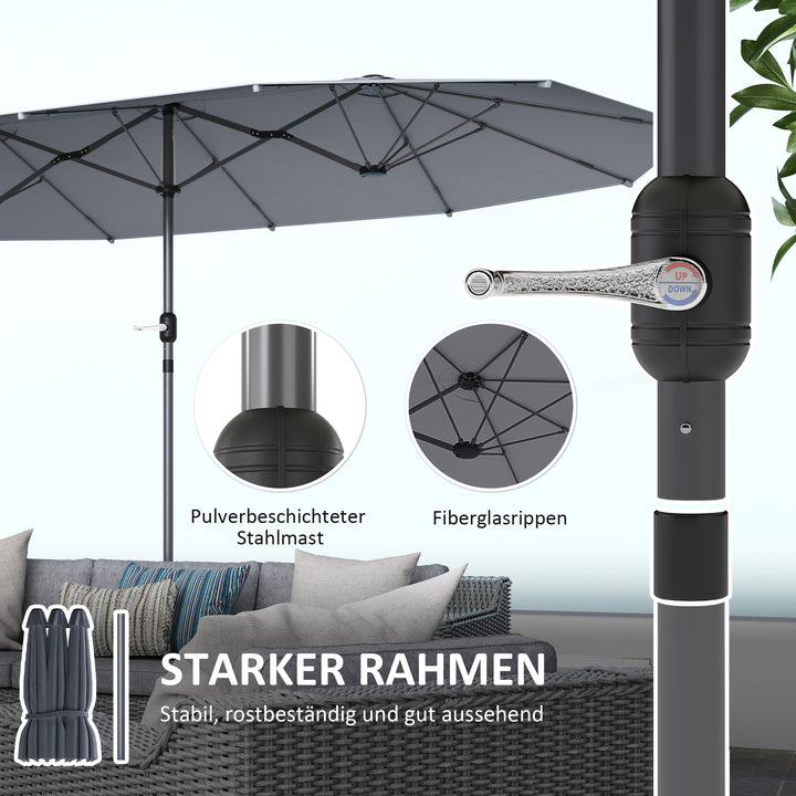 Dobbelt parasol 436 x 260 cm, UV-beskyttende stålparasol med håndsving, oval mørkegrå