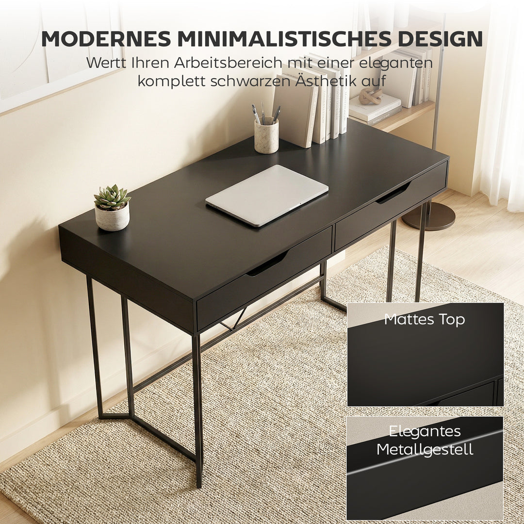 Lille computerbord med 2 skuffer, skrivebord med stor arbejdsflade 120 x 60 x 77 cm Sort