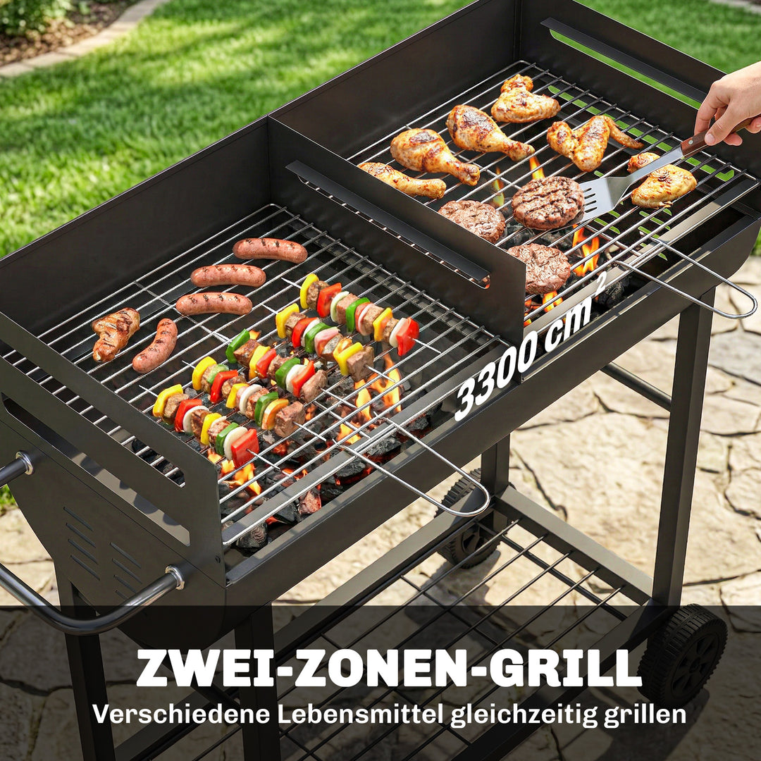 Kulgrillvogn med 2 grillzoner, højdejusterbar grillrist, træhylde, hjul, sidehåndtag, 103 x 46,5 x 100 cm