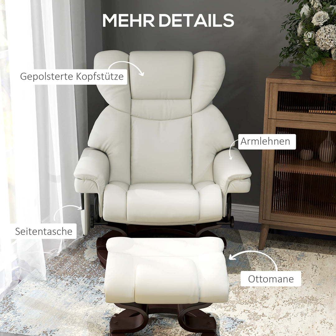 Lænestol med massagefunktion og fodskammel, loungestol, kunstlæder, 79 x 82 x 101 cm, cremehvid