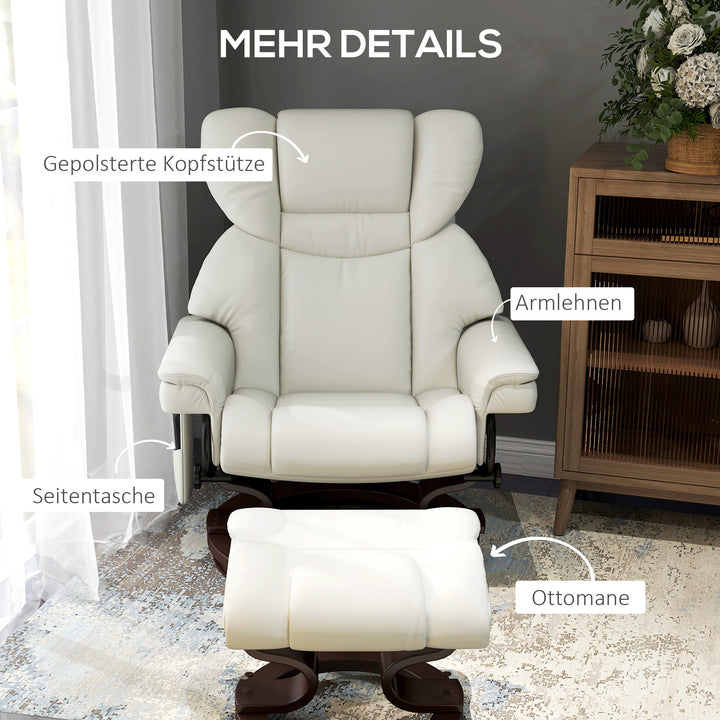 Lænestol med massagefunktion og fodskammel, loungestol, kunstlæder, 79 x 82 x 101 cm, cremehvid