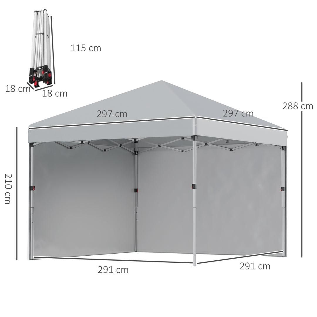 Foldbar pavillon, to sidepaneler, bæretaske, stålramme, lysegrå, 3 x 3 x 2,7 m