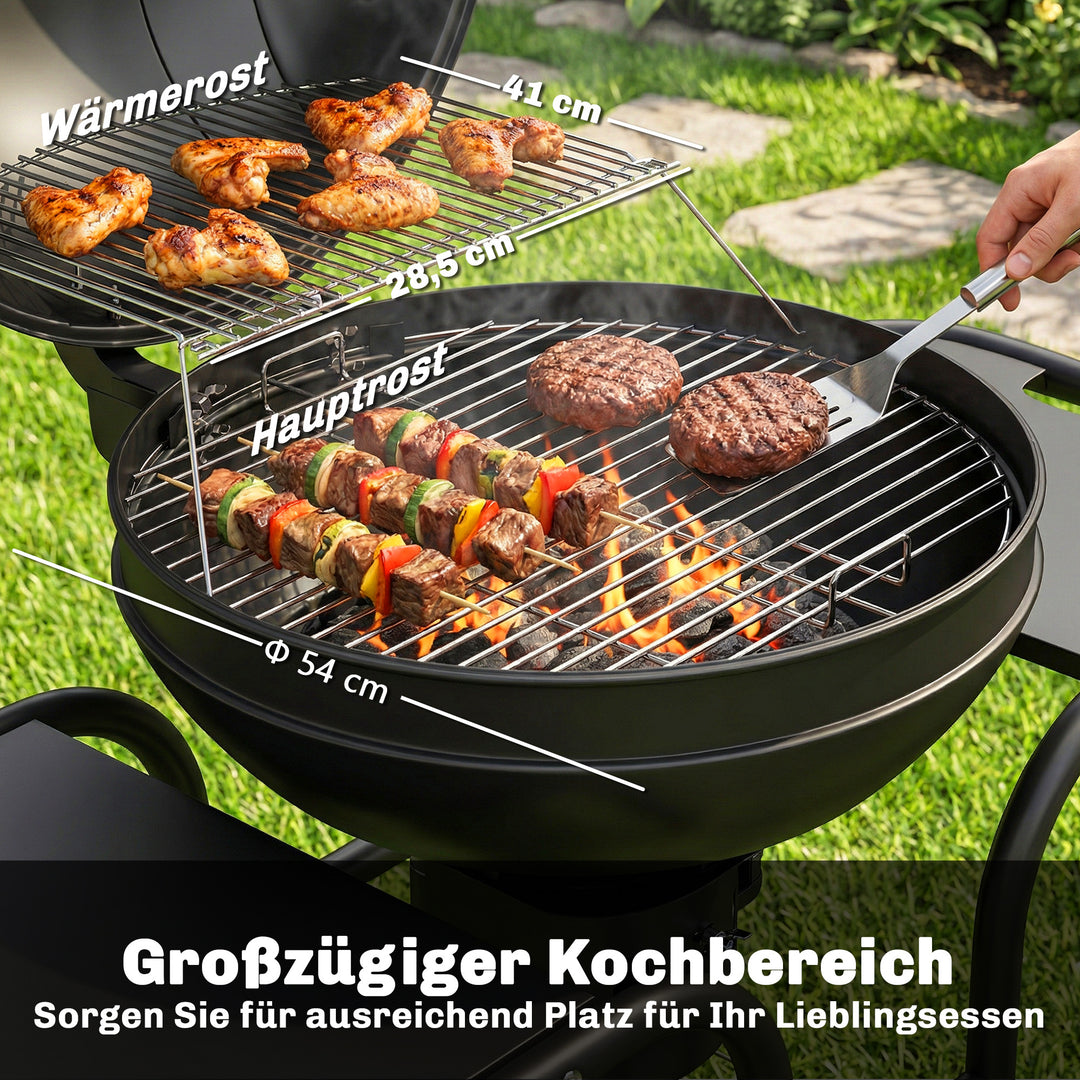Kulgrill BBQ-ryger med sideborde, låg, termometer og hjul, 129 x 63,5 x 106,5 cm