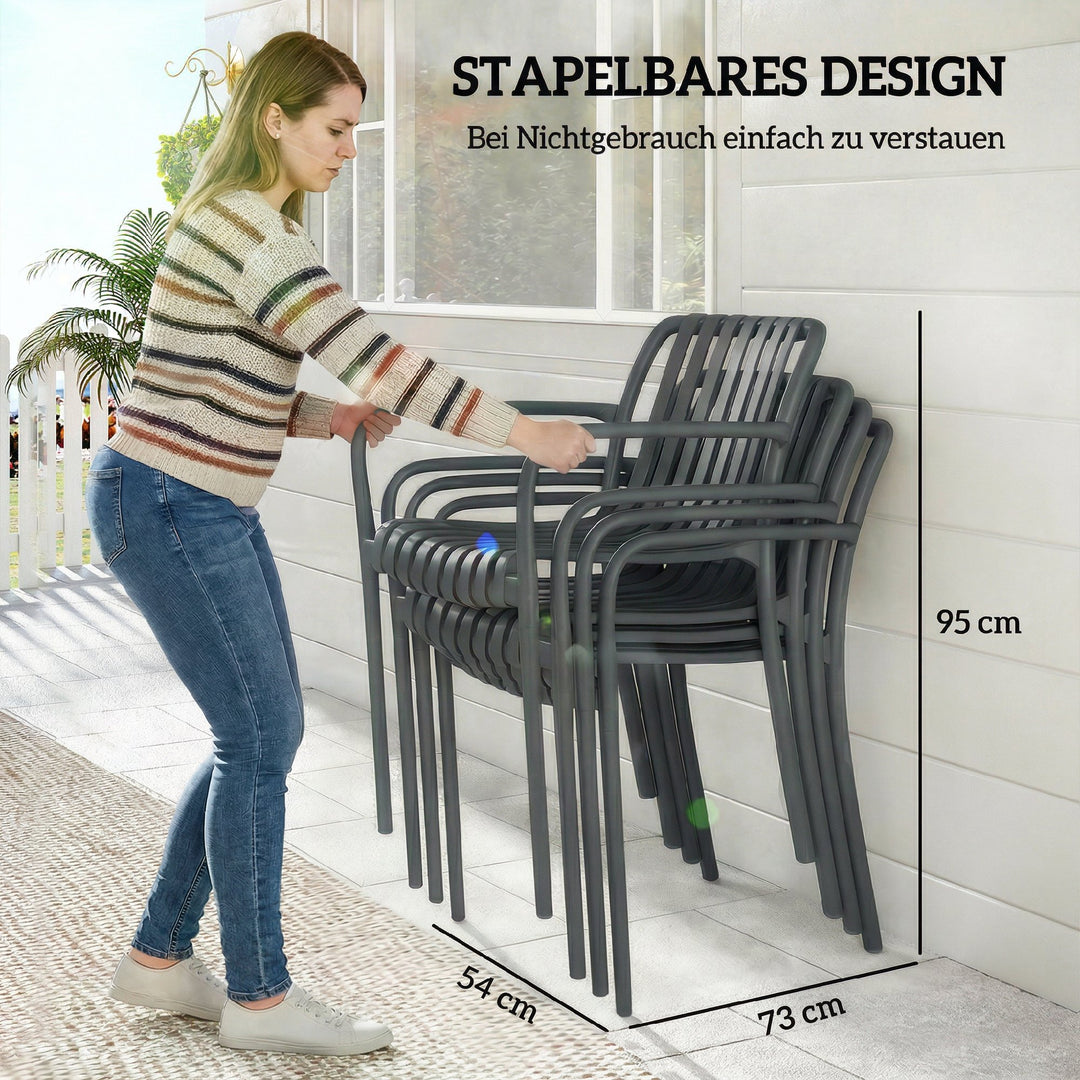 Sæt med 4 stabelbare havestole med lameller, ergonomiske, mørkegrå