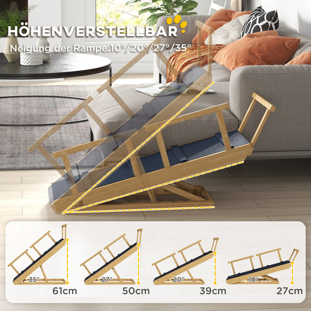 Hunderampe, højdejusterbar, foldbar, med gelænder, til hunde op til 40 kg, træramme, 85 x 40 x 61 cm, sort