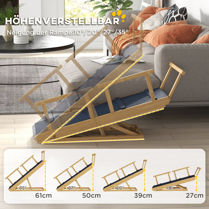 Hunderampe, højdejusterbar, foldbar, med gelænder, til hunde op til 40 kg, træramme, 85 x 40 x 61 cm, sort