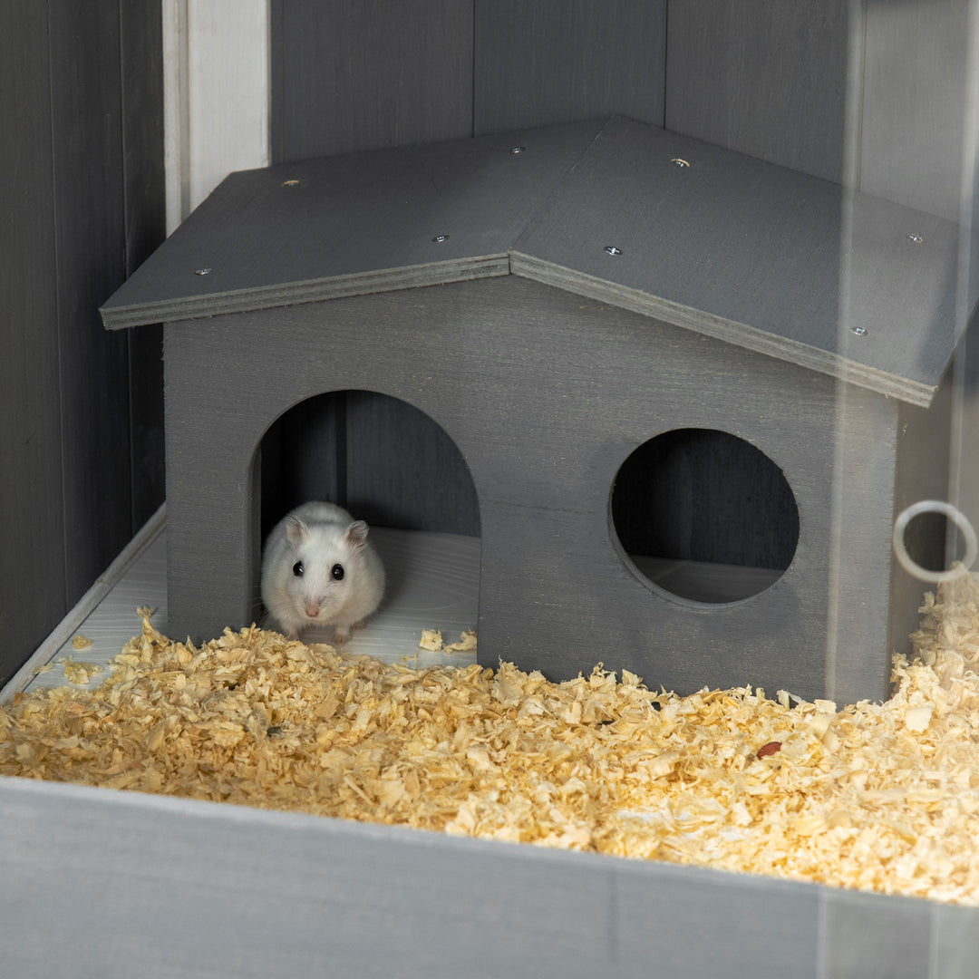 Hamsterbur, 3000 cm² dværghamsterbur lavet af træ og metal, med 2 hytter, skydedøre i akryl, stabil, sikker, grå+hvid
