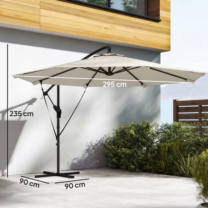 Fritstående parasol ca. Ø300 cm, vipbar, med håndsving, krydsfod, vindreb og beskyttelsesovertræk, cremehvid