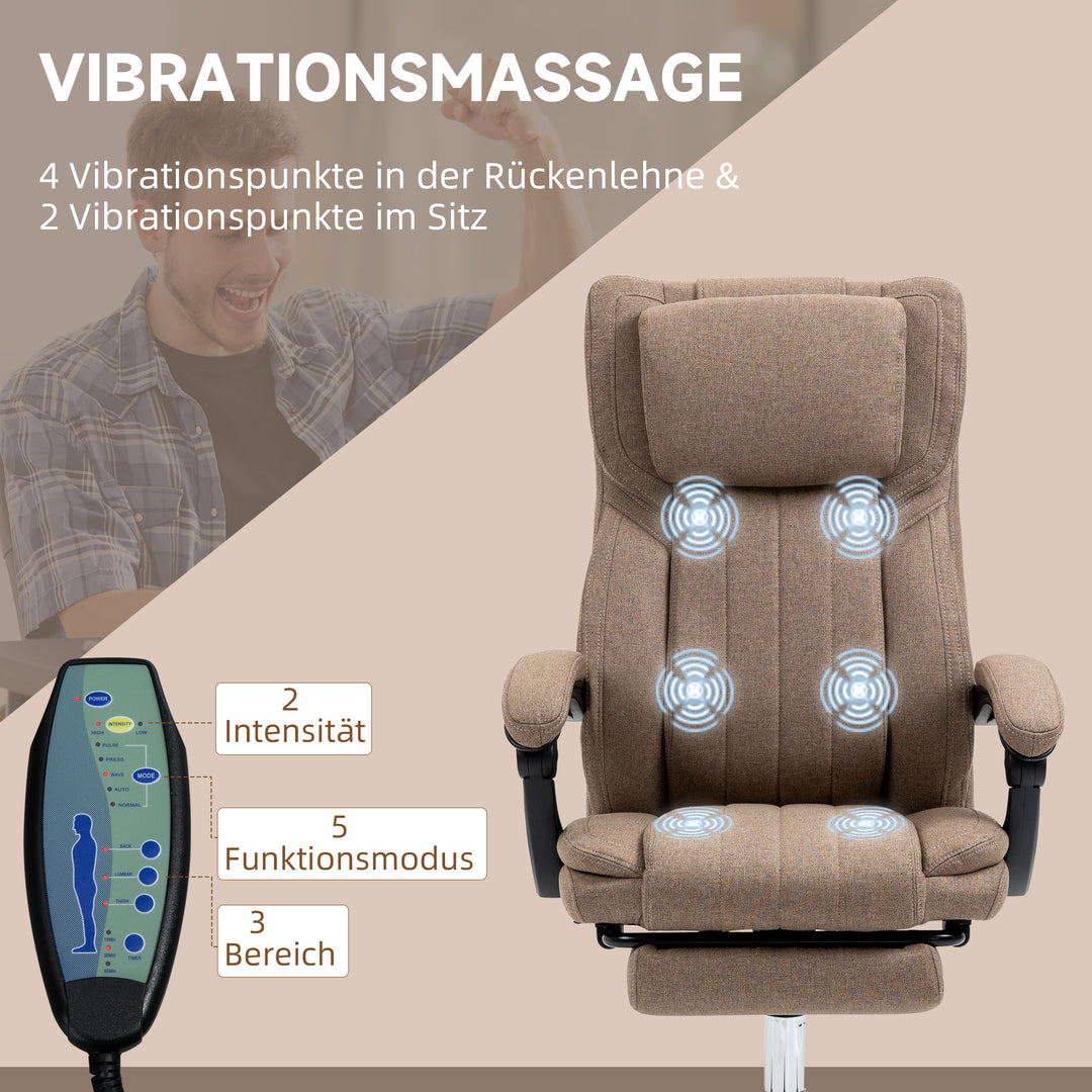 Kontorstol med massagefunktion, ryglæn med justerbar ryglæn, udtrækkelig fodstøtte, linnedlook, 65 x 61 x 118 cm, brun
