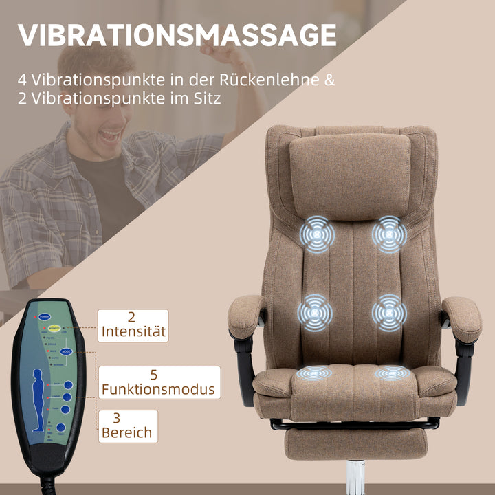 Kontorstol med massagefunktion, ryglæn med justerbar ryglæn, udtrækkelig fodstøtte, linnedlook, 65 x 61 x 118 cm, brun