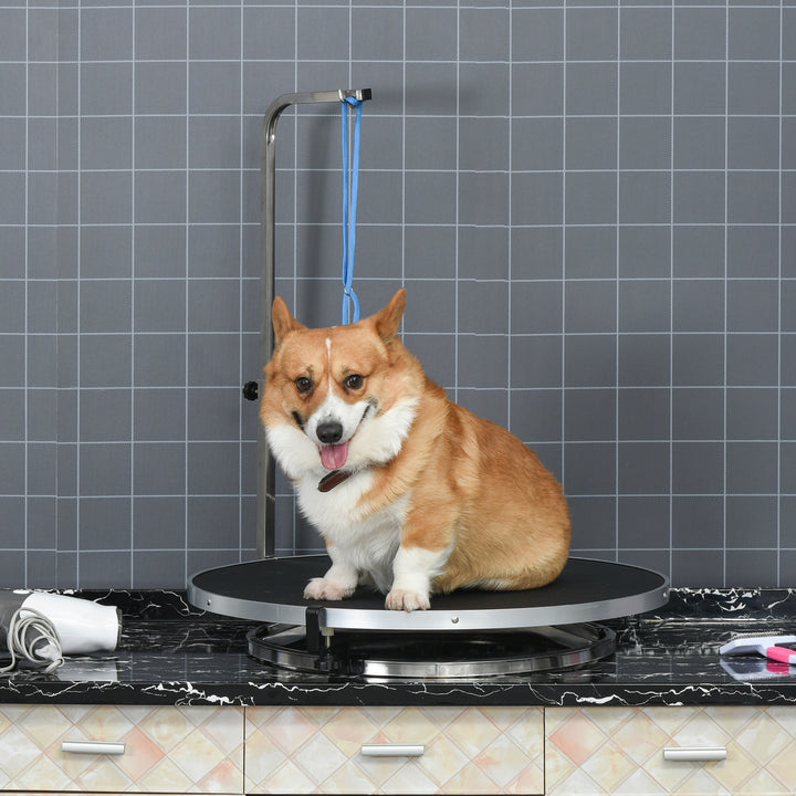 Hundeplejebord roterende tørrebord med justerbar arm skridsikkert bordplade låsesystem aluminiumslegering kant rustfrit stål ramme sikkerhedsline ø65x h10