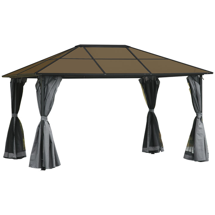 Solrig pavillon med polycarbonattag, gardiner med fluenet, aluminiumsramme, mørkegrå, 3 x 4 x 2,6 m