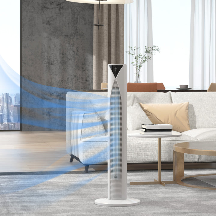 70° oscillerende tårnventilator med fjernbetjening, 4 tilstande, 3 hastigheder, timer, 31,5 x 31,5 x 96 cm, hvid