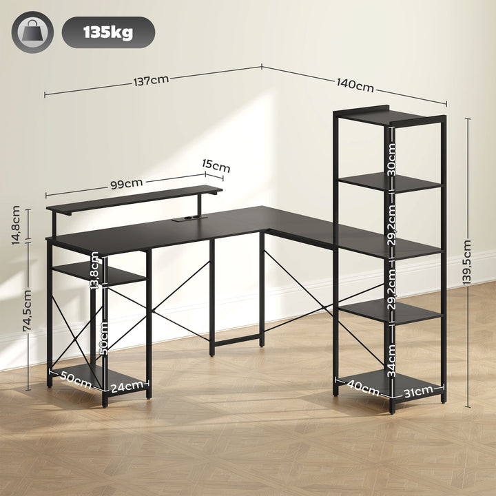 L-formet skrivebord med ladestation, hjørnecomputerbord med skærmstativ og hylder, til hjemmekontor, kontor, sort