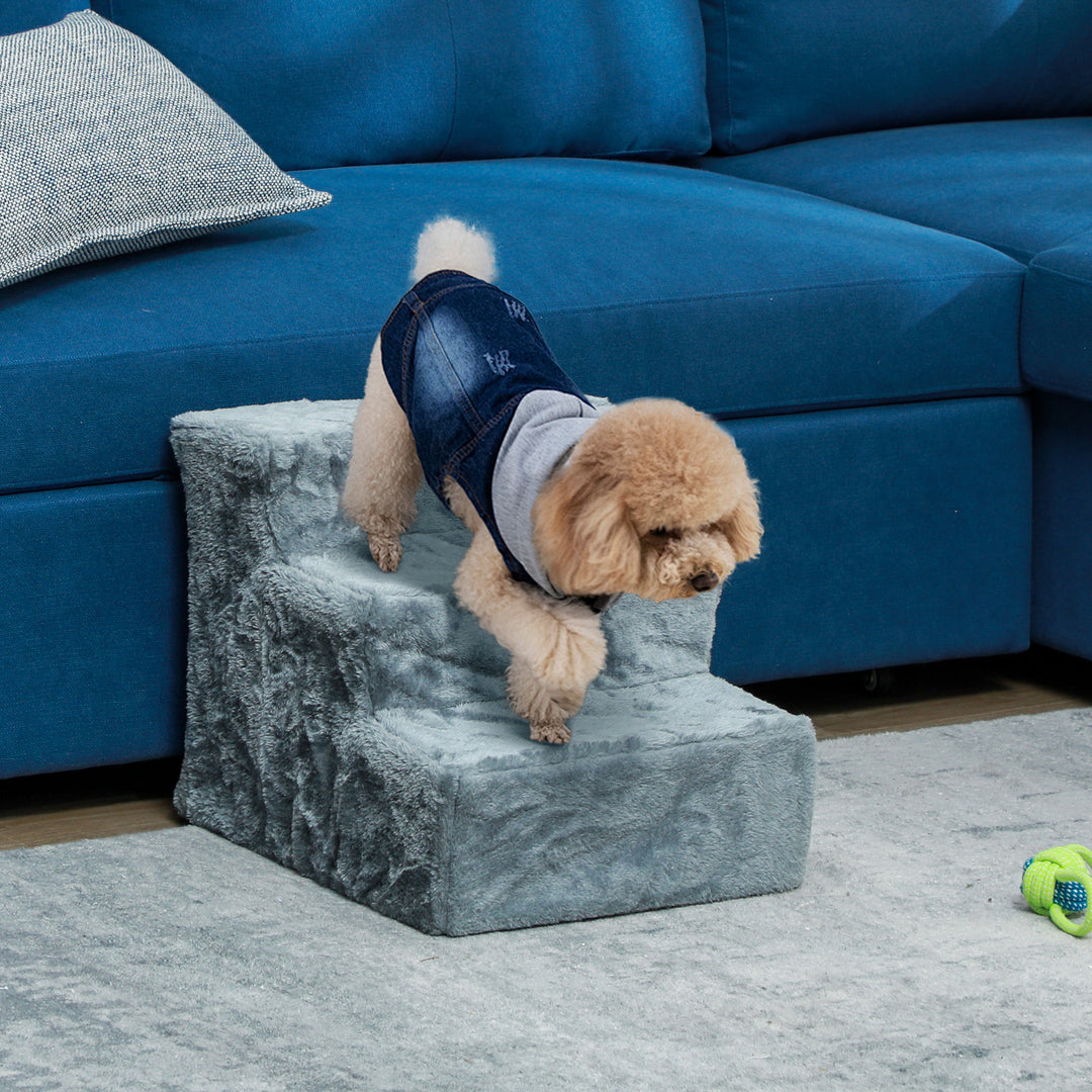 Sammenklappelig kæledyrstrappe, 3 trin, vaskbart plysbetræk, spånplade, 46 x 35 x 35 cm, lysegrå