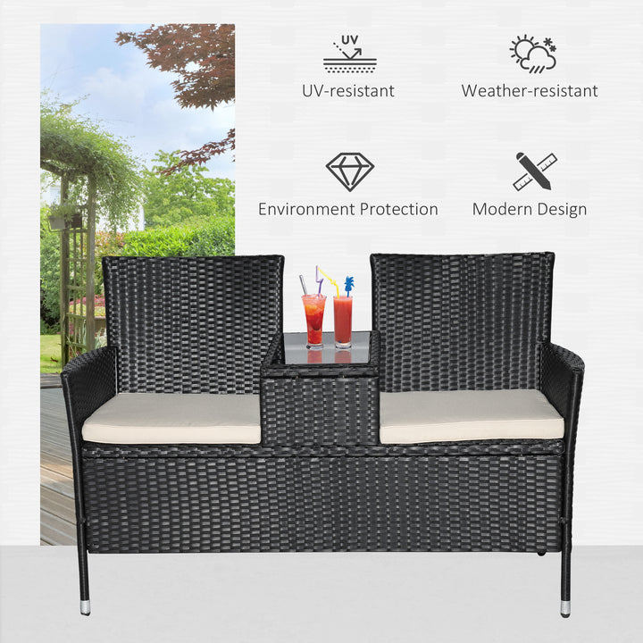 Havebænk polyrattan 2-personers uv-bestandig bænk med bordhynde ryglæn havemøbler parkbænk op til 240 kg lasteevne balkonbænk til haveterrasse balkon 133x63x84cm, sort