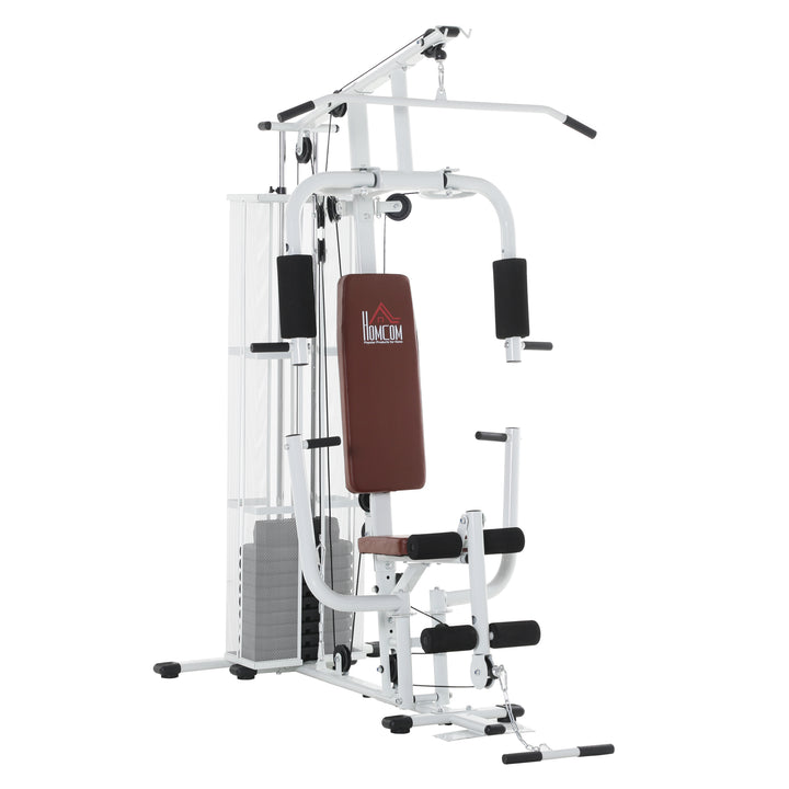 Fitnesscenter, multigym, fitnesscenter, fitnessudstyr inklusive vægte, lat pulldown, benbøjning, metal, PU-læder, hvid, 150 x 110 x 210 cm
