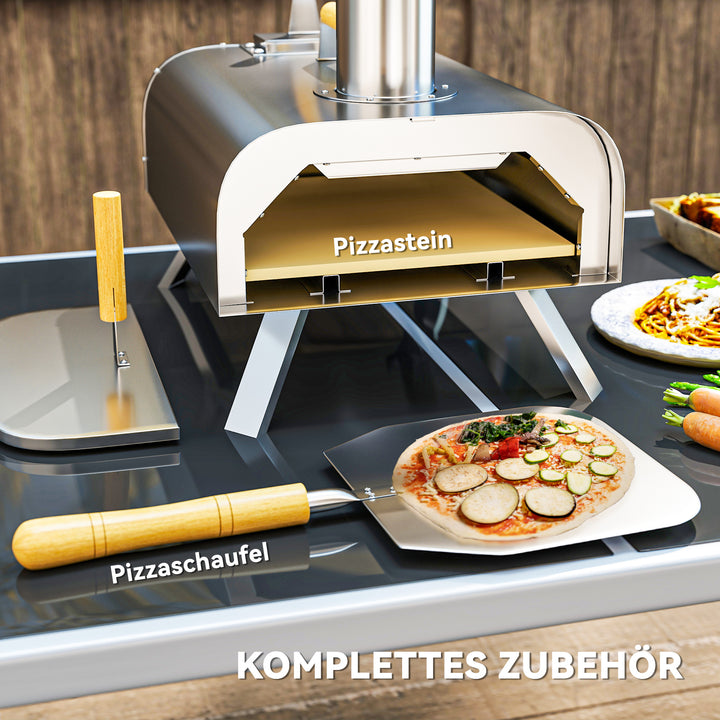Udendørs pizzaovn, bærbar pizzaovn med pizzasten og skovl, foldbare ben, skorsten, rustfrit stål