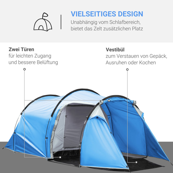 Campingtelt, pop-up-telt til 2-3 personer, forhal og soveområde, vandtæt, 426 x 206 x 154 cm, lyseblå