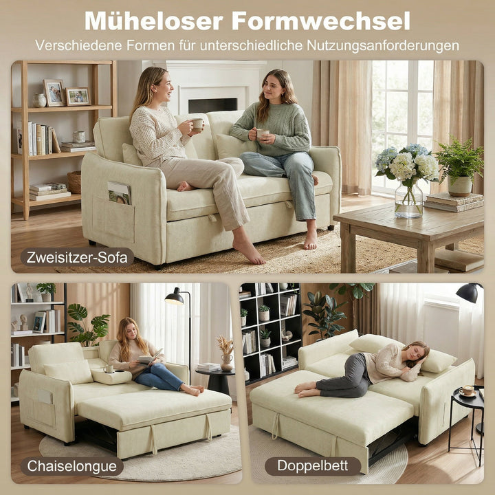 3-i-1 justerbar sovesofa, to-personers med kopholdere, justerbar ryglæn og sidelommer, beige