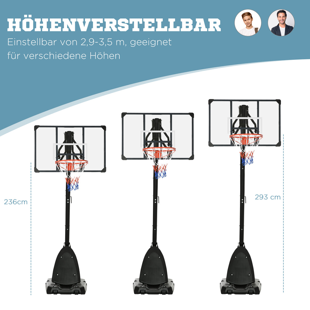 Basketballstativ, justerbar kurvhøjde 2,3-2,9 m, nedre reboundstang, fyldbar base, rød+sort