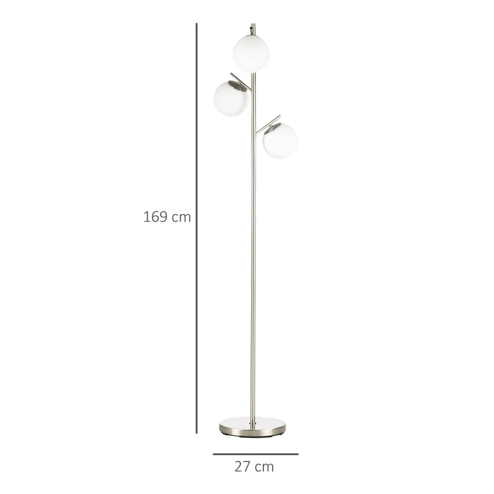 Gulvlampe med 3 glasskærme, e 27, fodkontakt, sølv + hvid