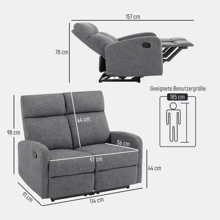 2-personers sofa, individuelt justerbare ryglæn, fodstøtte, stofbetræk, stål, grå
