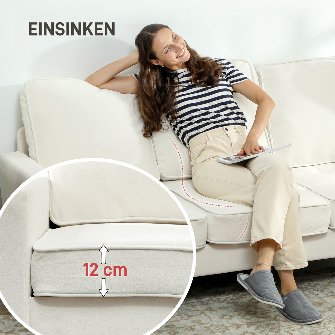 3-personers sofa med tykke hynder, gummitræ, stofbetræk, polstret sofa til stue, kontor, soveværelse, cremehvid
