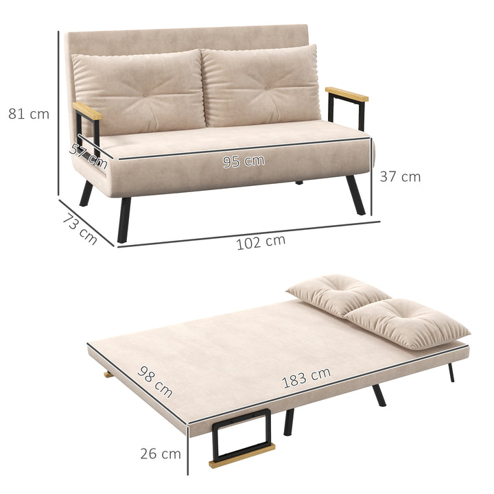 2-Personers sovesofa, fløjlsofa, sovefunktion, inklusive 2 puder, fløjlslook, naturlig + beige + sort