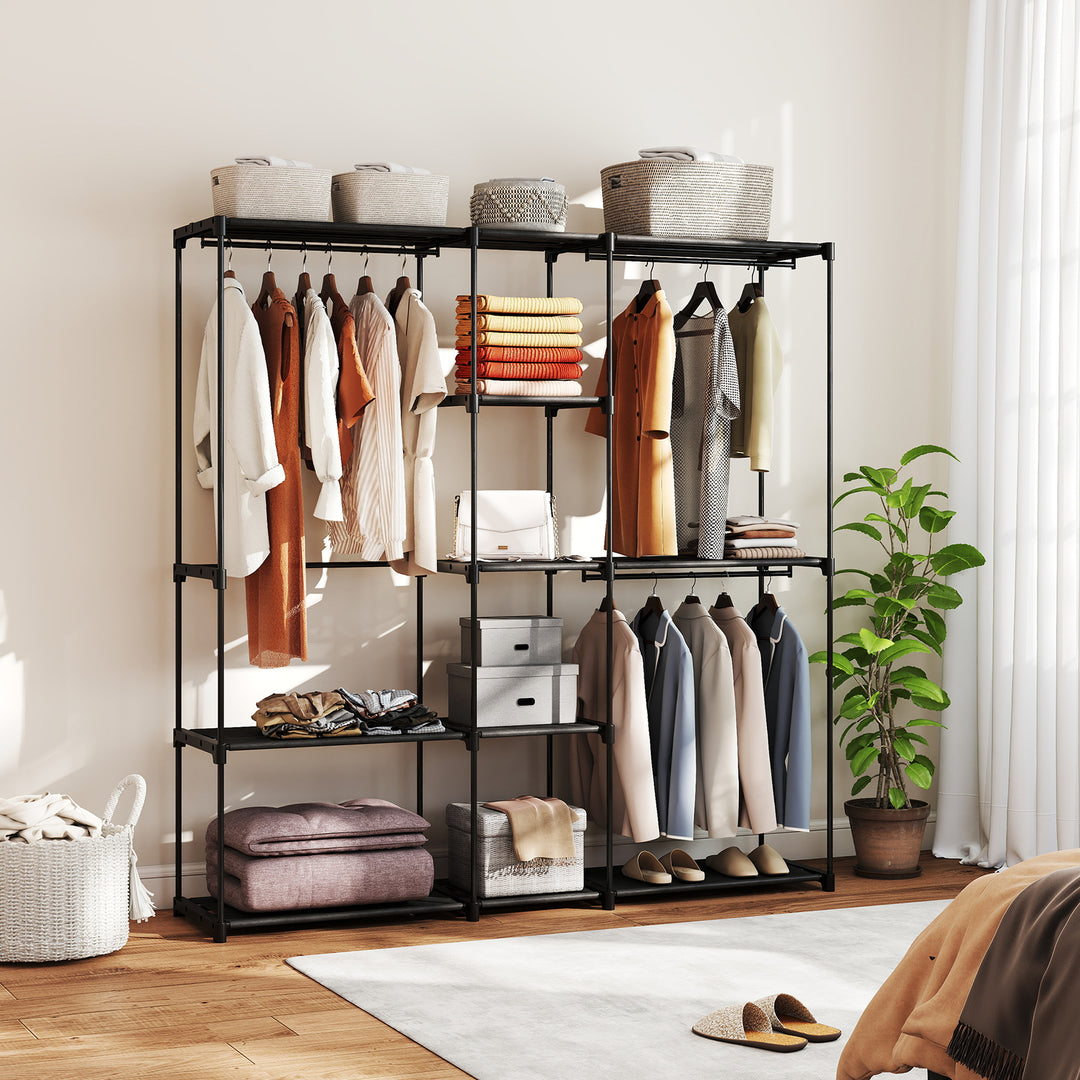 Åben garderobe, 4-etagers tøjstativ med 2 bøjlerum til stuen, 182 x 43 x 185 cm, sort