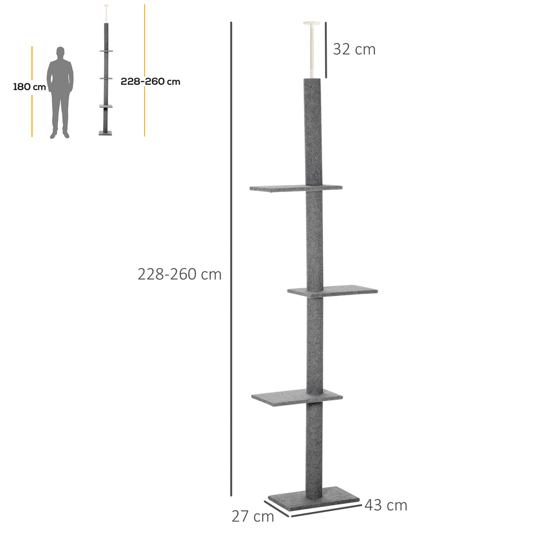 Kradsetræ lofthøjde, 228-260 cm højdejusterbart kradsetræ klatretræ til katte med 3 niveauer, kradsetræ til katte, legetræ fra gulv til loft grå