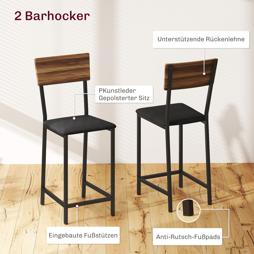 3-Delt barbordssæt, 1 barbord, 2 stole, med vinreol, glasholder, åbne hylder, fodstøtter, brun