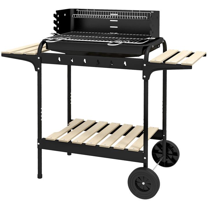 Metalkulgrill BBQ-ryger med hjul, højdejusterbar grillrist, træhylde, 103x47x95 cm, sort