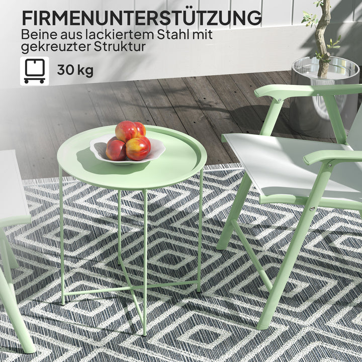 Havebord, rundt udendørs sidebord i stål med aftagelig bakke, foldbart design, terrassebord, grønt