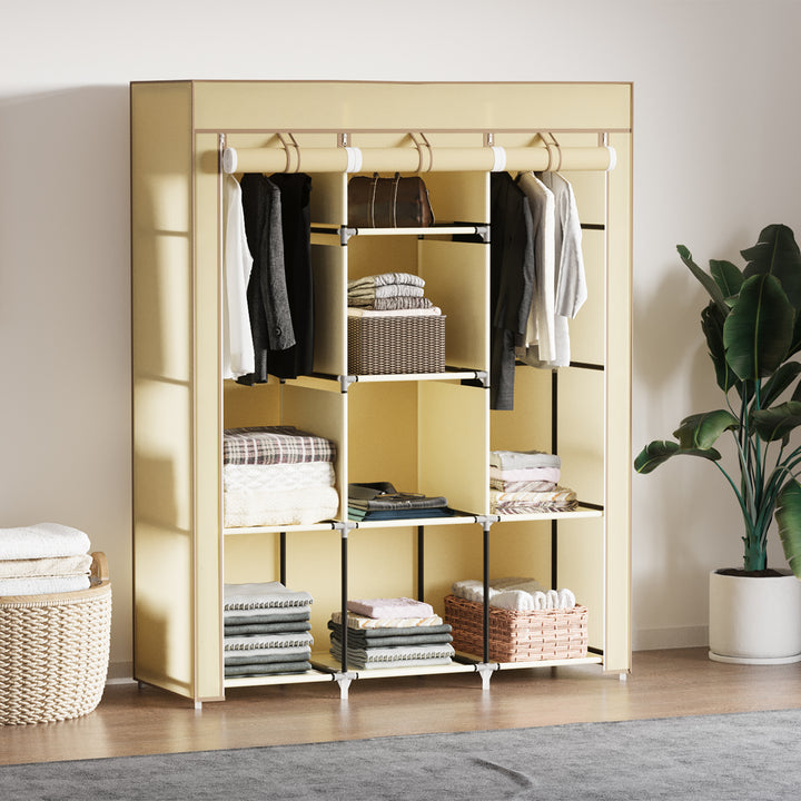 Stofgarderobe, opbevaringsløsning, 8 hylder, 2 garderobestativer, beige