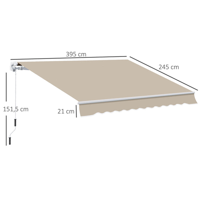 Markise, solsejl, udtrækkelig, med håndsving, metalramme, polyester, hvid+beige, 3,95 x 2,45 m
