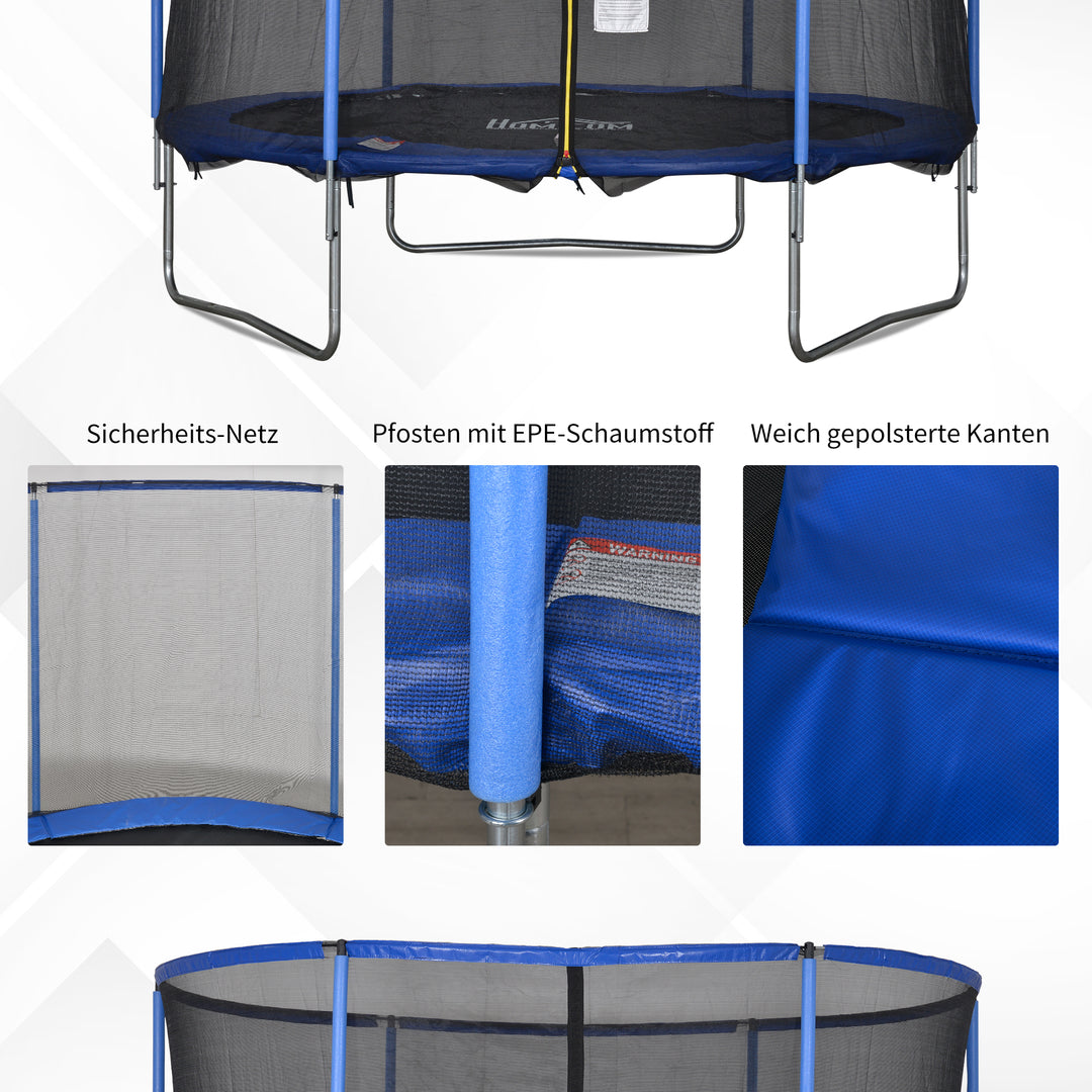 Trampolin med sikkerhedsnet havetrampolin til indendørs og udendørs brug fitnesstrampolin til børn og voksne stål blå+sort op til 113,6 kg ø305 x 248h cm