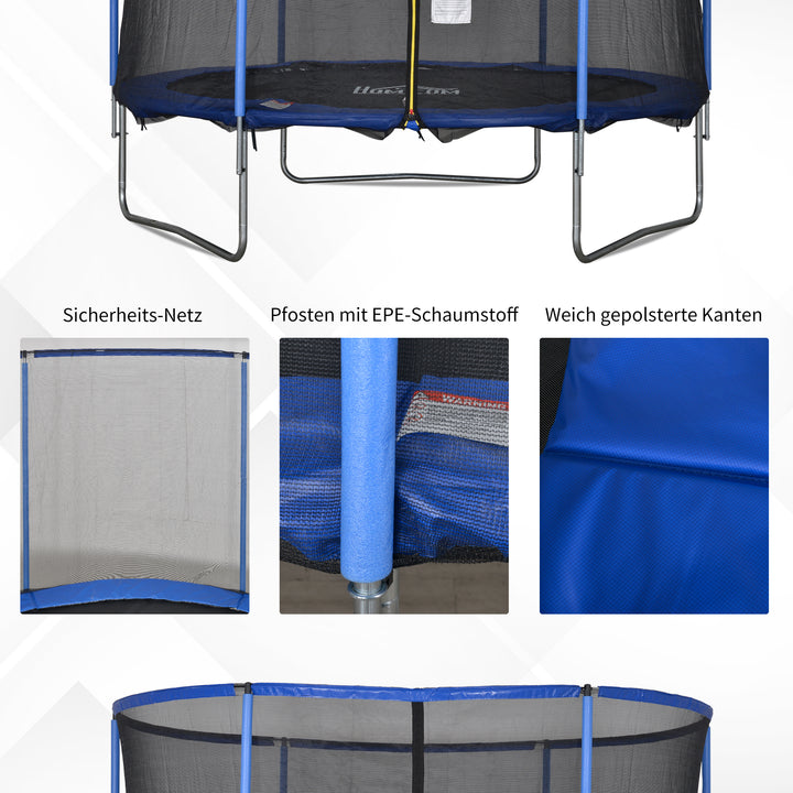 Trampolin med sikkerhedsnet havetrampolin til indendørs og udendørs brug fitnesstrampolin til børn og voksne stål blå+sort op til 113,6 kg ø305 x 248h cm