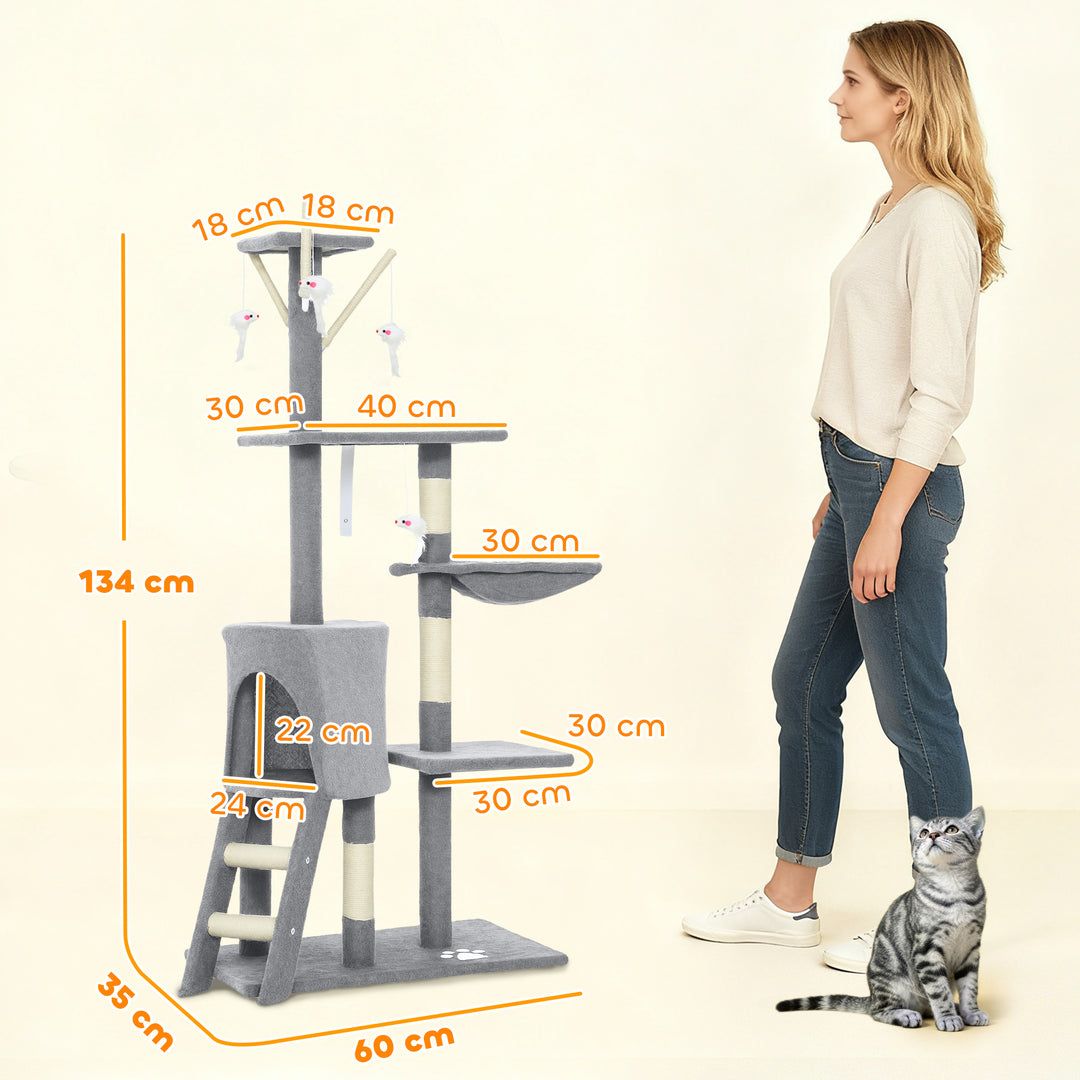 Kradsetræ med hule, 4 legetøj, sisalstolper, stor platform, trappe, til katte under 5 kg, grå