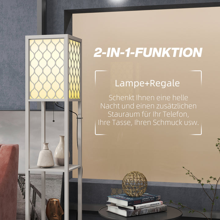 Gulvlampe i moderne design, 2 hylder, trækkædeafbryder, 26 cm x 26 cm x 156 cm, sort + hvid