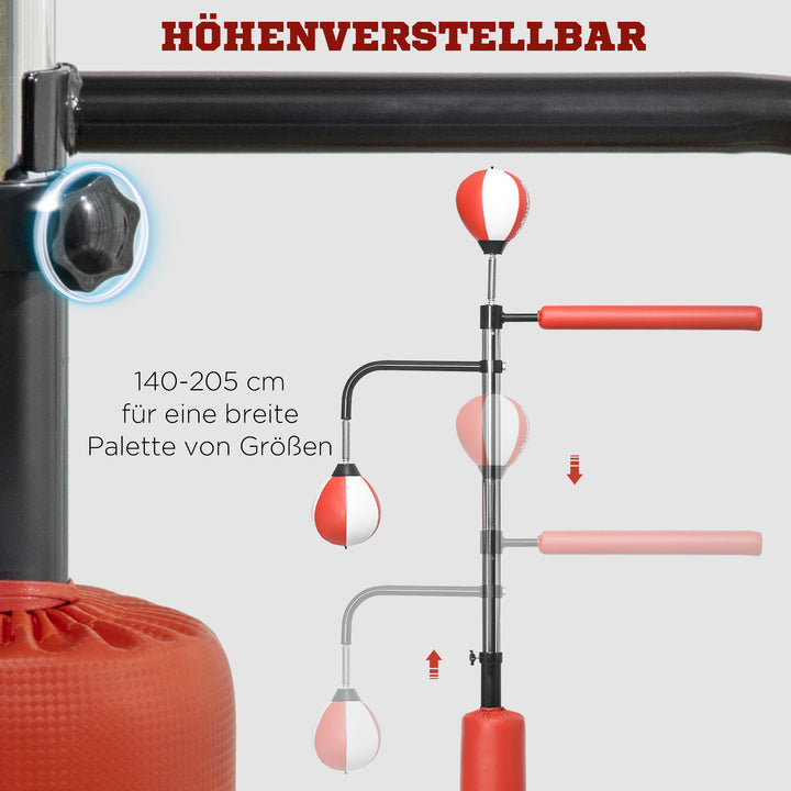 Boksestativ, to speedballs, roterende boksestang, sparkpude, højdejusterbar, stål, 107 x 36 x 140-205 cm
