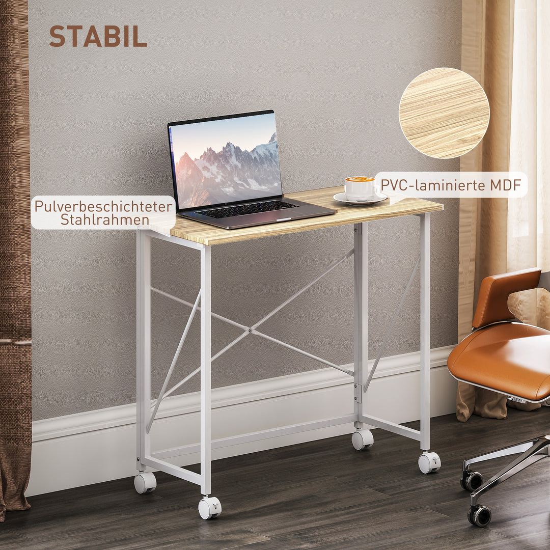 Foldbart skrivebord med hjul – pladsbesparende, 80x40x75 cm, natur/hvid