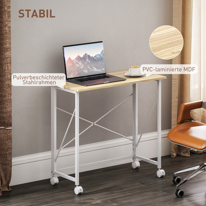 Foldbart skrivebord med hjul – pladsbesparende, 80x40x75 cm, natur/hvid