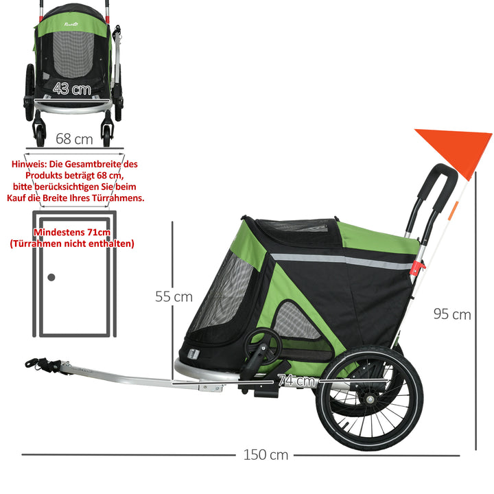 2-i-1 hundebåren/hundejogger/cykeltrailer op til 20 kg, 2 reflekser, 1 sikkerhedsline, 150 x 68 x 95 cm, grøn