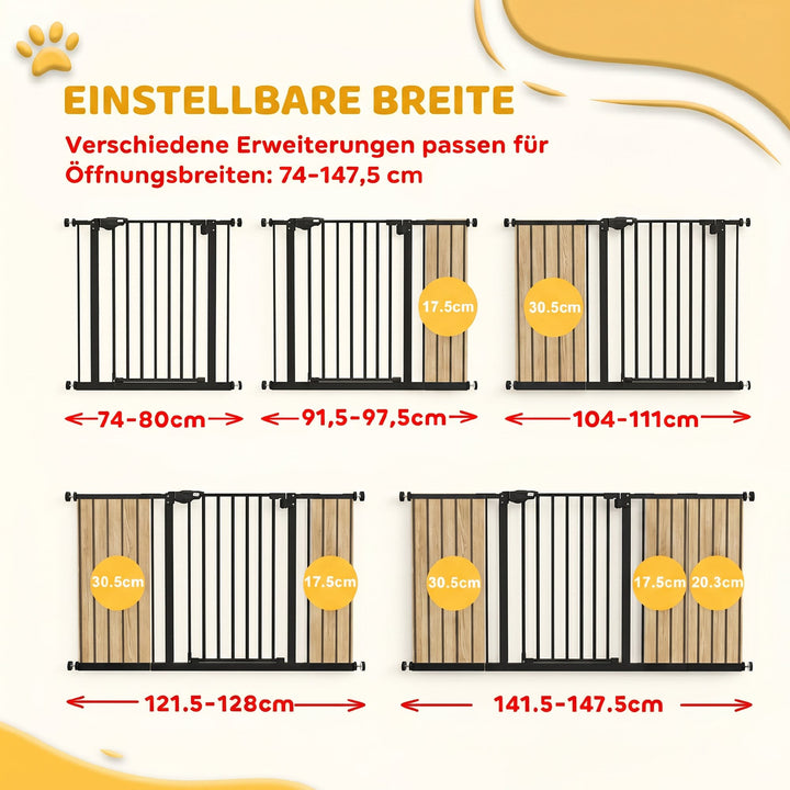 Sikkerhedslåge/trappegitter med 17,5/20,3/30,5 cm forlænger, ingen boring nødvendig, med automatisk lukkemekanisme, til bredder 74-147,5 cm, drejelig på begge sider, metal, sort