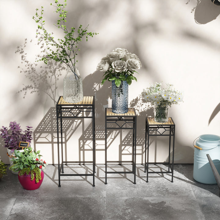Blomsterstander, sæt med 3, rund, stabelbar, rattan-look, metalben, indendørs og udendørs brug, sort/guld