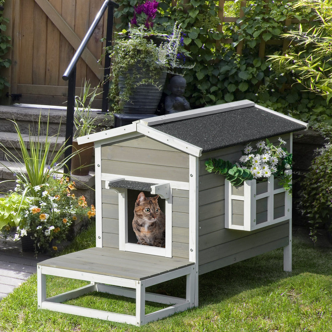 Trækattehus, vintertæt, vandtæt, kattehus med asfalttag, terrasse, kattehule, kattekasse, udendørs ly til udendørs brug, have, balkon, 115 x 66,5 x 74,7 cm, grå + hvid